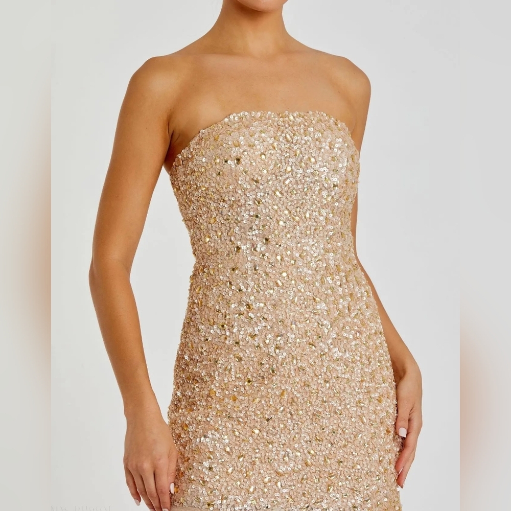 NWT Size 10 Mac Duggal Gold Nude Strapless Sequin Beaded Mini Dress